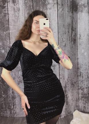 Оксамитова чорна міні сукня з коротким рукавом м9 фото