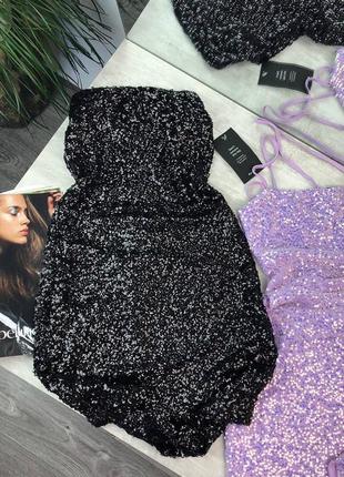 Чорна нарядна вечірня міні-сукня бандо в паєтках