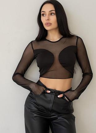 Короткий лонгслів чорний вкорочений лонгслів з сіткою