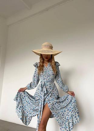 Сукня міді з квітковим принтом на запах блакитна на довгий рукав з поясом якісна стильна трендова2 фото