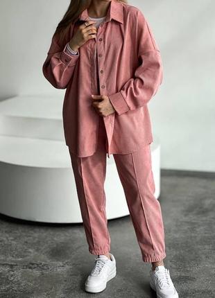 Стильний жіночий вельветовий костюм сорочка вільного крою на ґудзиках і штани брюки зі стрілкою