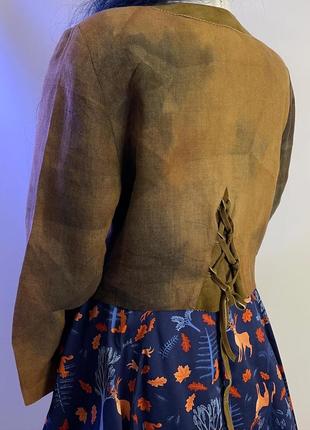 Австрія вінтажна лляна на шнурівці укорочена куртка лляний піджак жакет укороченого вільного фасону оверсайз з шкіряними вставками в стилі тай-дай9 фото