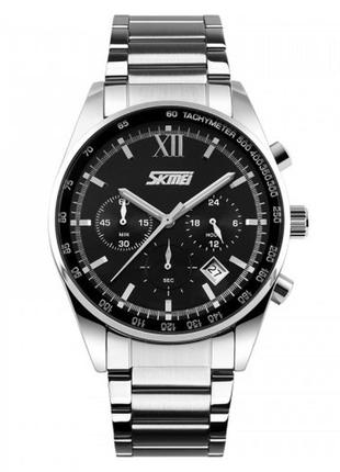 Классические мужские кварцевые наручные часы на металлическом браслете skmei 9096 bk оригинал