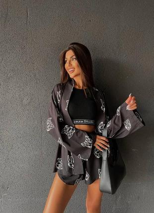 Костюм шёлк в принт кимоно с поясом и шорты4 фото