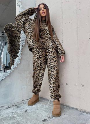 Спортивный костюм оверсайз женский флис 42-46 леопардовый7 фото