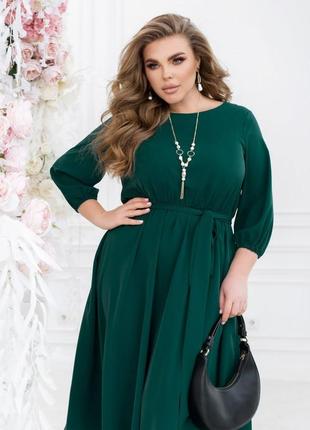Платье женское средней длины миди, с длинным рукавом, батал, однотонное, зеленое