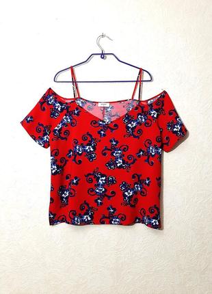 Papaya брендовая блуза красная цветы синие на бретельках кофточка майка короткие рукава женская р48
