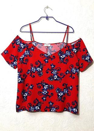 Papaya брендовая блуза красная цветы синие на бретельках кофточка майка короткие рукава женская р482 фото