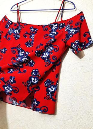 Papaya брендовая блуза красная цветы синие на бретельках кофточка майка короткие рукава женская р486 фото