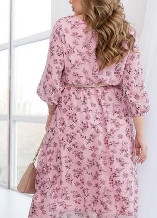 Платье женское миди шифоновое, с длинными рукавами, средней длины, батал, цветочное, цвет фрез3 фото