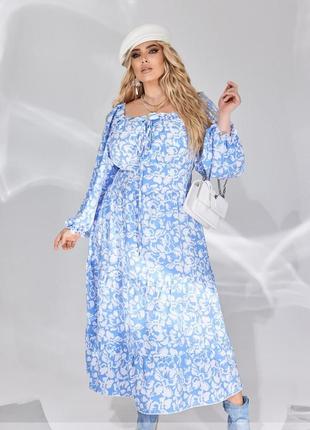 Платье женское миди, с вырезом каре на груди, с длинным рукавом, батал, цветочное, голубое