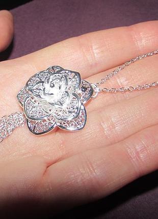 Посеребрённый 925 ажурный кулон на цепи цветок, 5683