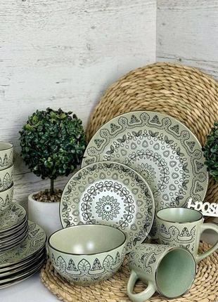 Набір керамічного посуду forest green 22 предмета😍 набір тарілок / чашки / комплект тарілок