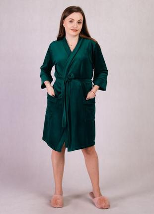 Жіночий велюровий халат на запах оксамит/смарагд