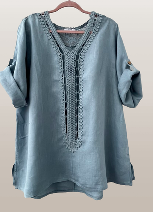 Льняная блуза  италия голубая с х/б кружевом 46-50 новая5 фото