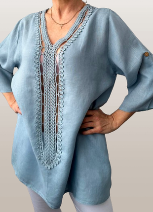 Льняная блуза  италия голубая с х/б кружевом 46-50 новая