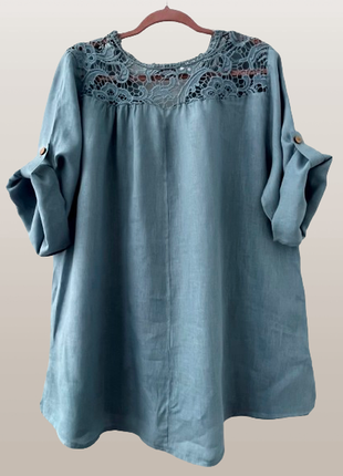 Льняная блуза  италия голубая с х/б кружевом 46-50 новая7 фото