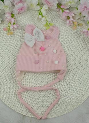 Шапка для новонародженого з бантом та вушками (0-3 міс) рожева2 фото