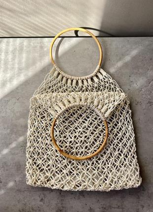 Пляжная сумка прозрачная летняя авоська плетенная сумочка эко с деревянными круглыми ручками в узор😍2 фото