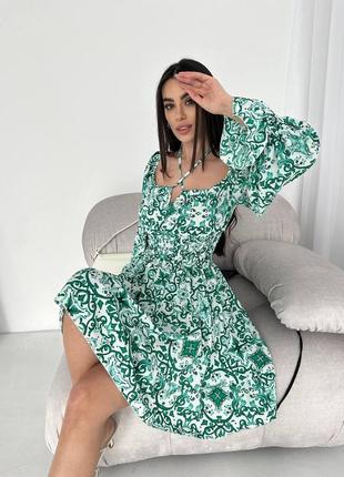 Женское стильное летнее зеленое платье меди с узорами качественное трендовое легкое