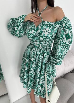 Женское стильное летнее зеленое платье меди с узорами качественное трендовое легкое8 фото