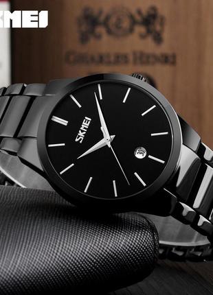 Класичний чоловічий кварцовий наручний годинник на металевому браслеті skmei 9140 bk оригінал