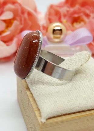 🧡💍стильное кольцо мини-овал натуральный камень авантюрин золотой песок5 фото