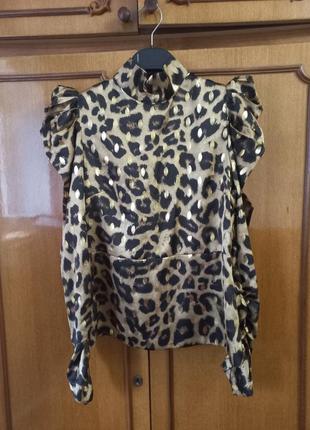 Нарядная блузка shk paris анималистичным принтом леопард  рукав буф ,винтаж золото бежевый