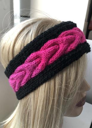 Тепла пов'язка повязка на голову в'язана коса косичка рожева жіноча дитяча