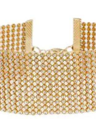 Широкий чокер зі стразами золото, золотий блискучий чокер кольє зі стразами, чокер 12 рядів страз