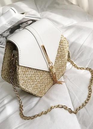 Сумочка сумка соломʼяна плетена кругла маленька на море на літо бежева стильна модна біла6 фото