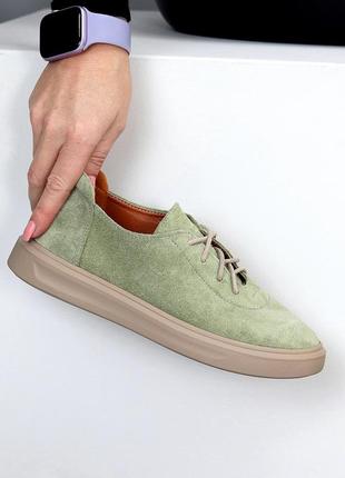 Зелені оливкові жіночі туфлі на шнурівці мокасини з натуральної замші2 фото