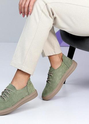 Зелені оливкові жіночі туфлі на шнурівці мокасини з натуральної замші8 фото