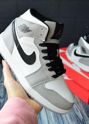 Nike air jordan 1retro, сірі, шкіра, хутро кроссовки найк аир джордан