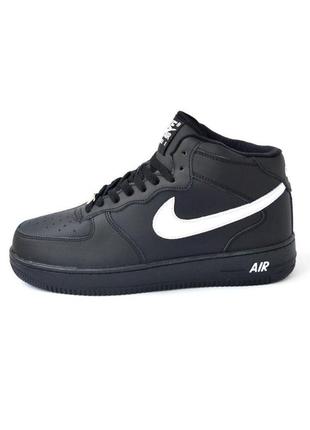 Nike air force 1 чорні з білим шкіра хутро кроссовки найк форсы кросівки чоловічі