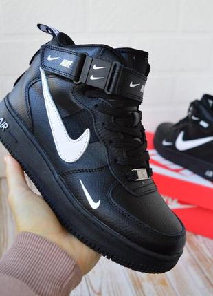 Nike air force 1 mid чорні з білим, хутро кроссовки найк аир форс