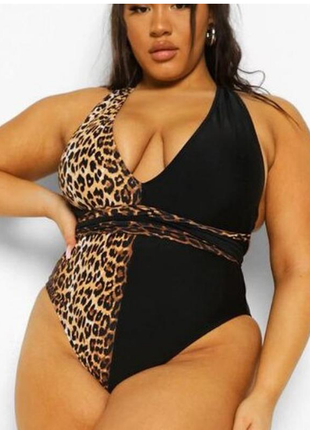 Сдельный слитный купальник женский чёрный с леопардовым принтом