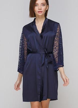 Халат serenade 751 синий сатин шелк с длинным кружевным рукавом