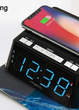 Цифровой будильник с беспроводным зарядным устройством, дисплей 1,2 дюйма, двойной будильник2 фото