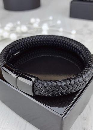 Мужской кожаный браслет black classic, браслет из кожи классический черный