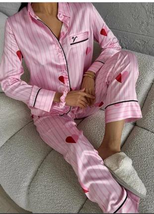 Стильна жіноча піжама рожевого кольору сорочка та штани прямого крою туреччина