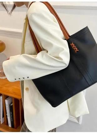 Якісний лаконічний чорний шопер жіноча сумка на плече тоут екошкіра2 фото