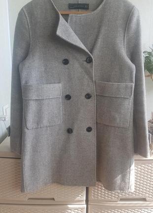 Шерстяное полупальто двубортное пальто тренч жакет с накладными карманами zara2 фото