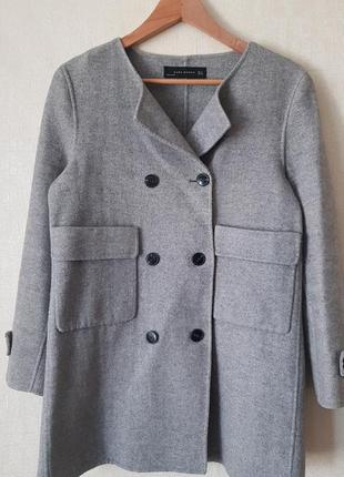 Шерстяное полупальто двубортное пальто тренч жакет с накладными карманами zara8 фото