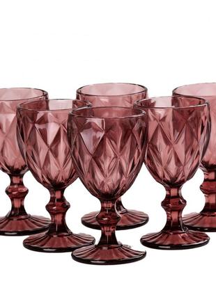 Бокал для вина высокий фигурный граненый из толстого стекла набор 6 шт розовый3 фото