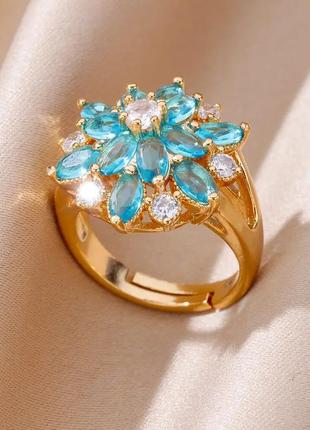 Каблучка позолочена кільце перстень під ретро вінтаж покриття золото фіаніти циркони блакитні1 фото