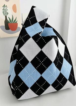 Тренд стильна чорно біла синя жіноча в'язана текстильна сумка шопер різні кольори