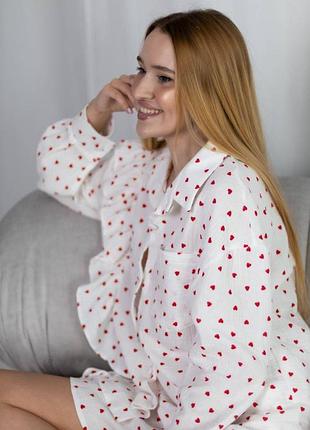 Піжама муслін рубашка та шорти, муслінова піжама в серця сорочка з рукавами і шорти, піжама муслін