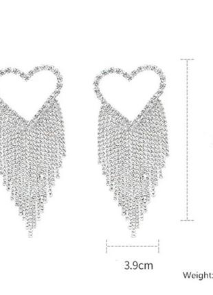 Сережки серце з пензликами срібло, блискучі сережки зі стразами серця3 фото