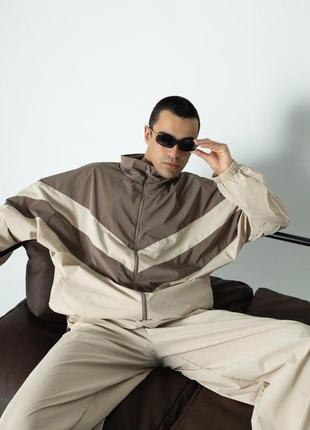 Мужской повседневный спортивный костюм двойка санторини кофта штаны ткань плащевка бархат цвет мокко5 фото